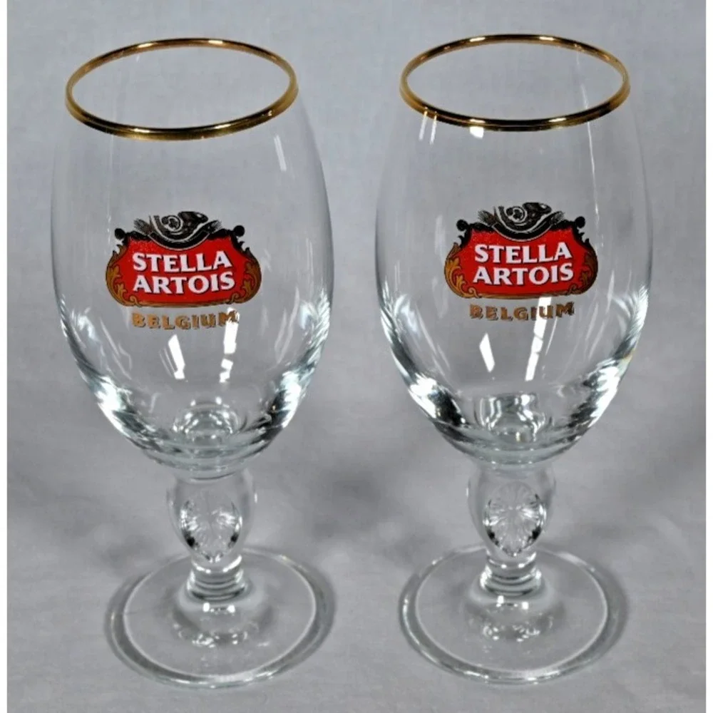 Set of 2 Stella Artois Belgium Beer Chalice Glasses 33cl Gold Rim
